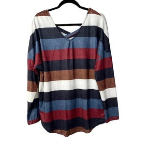 Women's Striped V Neck Criss Cross Back Long Sleeve Curved Hem Top Size XL GUC